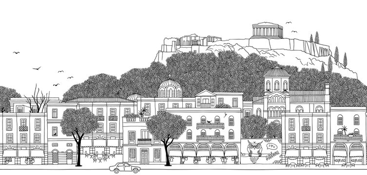 Athens, Greece - Seamless banner of the city’s skyline, hand drawn black and white illustration