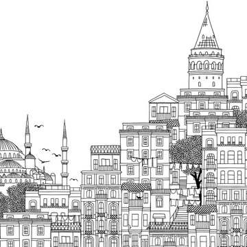 Hand drawn black and white illustration of Istanbul, Turkey with empty space for text