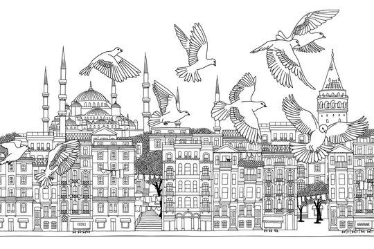 Birds over Istanbul - hand drawn black and white illustration of the city with a flock of doves
