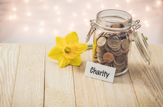 Charity money jar savings motivational concept on wooden board with yellow daffodil flower 