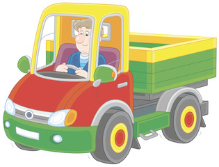 Naklejka premium Trucker. Smiling man driving his small truck, a vector illustration in cartoon style