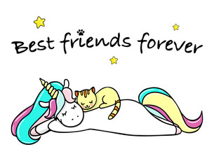 Hand drawn illustration of a magic unicorn and cat. Best friends forever. Vector isolated illustration.