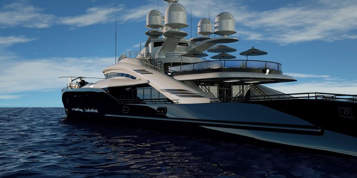 Extremely detailed and realistic high resolution 3D illustration of a luxury super yacht.