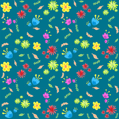 Fototapeta na wymiar multi colored difference flowers on a blue background with a green leaves, seamless pattern, wall paper, hand drawn, retro style, vintage ornament, 
