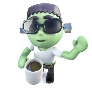 3d Funny cartoon frankenstein monster character drinking coffee from a mug