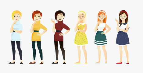 Cute set of beautiful сarrtoon young girls with various emotion. Vector flat comic style illustration.