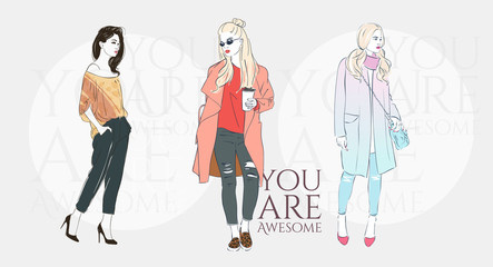 Beautiful hipster young woman with trend hairstyle in a fashion jacket, pants in glasses with coffee. Vector illustration.
