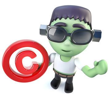 3d Funny cartoon frankenstein monster character holding a copyright symbol