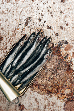 Top view of pile of fish in can on rustic surface
