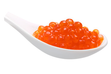Spoon of red salmon caviar, paths