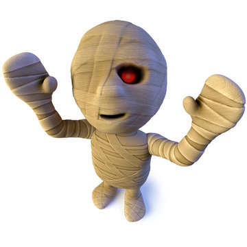 3d Funny cartoon Egyptian mummy monster character waving its arms in the air