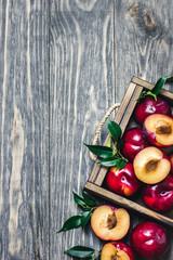 Fresh purple plums in wooden box on rustic wooden background. Top view, space for text.