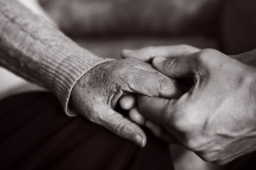young man holding the hand of an old woman - obrazy, fototapety, plakaty