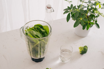 Making green smoothie. Natural, organic healthy juice in bottle for weight loss diet