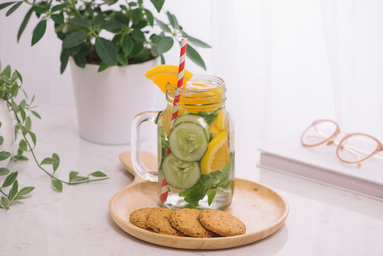 Detox water with vegetables and fruits. Diet healthy eating and weight loss.