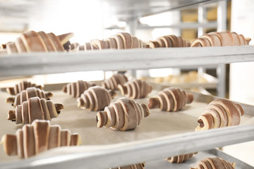 Trays with uncooked sweet croissants in bakery