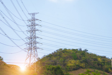 Electricity concept. Close up high voltage power lines station.