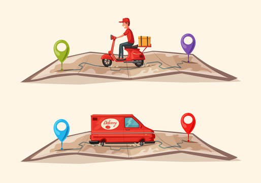 Fast and free delivery. Vector cartoon illustration. Food service. Scooter and van.