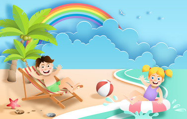 Obraz na płótnie Canvas Paper art style of kids having fun at the beach on holiday, swimming in ocean, flat-style vector illustration.