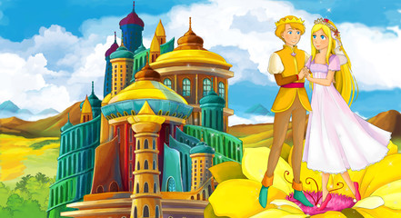 cartoon scene with happy young girl - princess near the castle - illustration for children