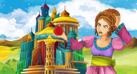 cartoon scene with beautiful princess near the castle - illustration for children
