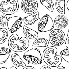 Seamless Endless Background Detailed Slices of Tomato and Bowl of Ketchup Sauce. Cut Tomatoes. Ketchup Logo or Vegetable Salad. Realistic Hand Drawn Vector Illustration. Savoyar Doodle Style.