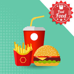 Fast food. Glass of soda with french fries and hamburger on blue background. Vector, illustration, eps 10.