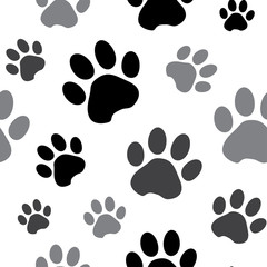 Naklejka na ściany i meble Seamless pattern with black and gray silhouette animal paw track isolated on white background. Vector illustration