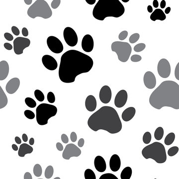 Seamless pattern with black and gray silhouette animal paw track isolated on white background. Vector illustration