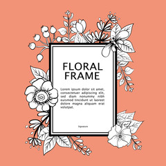 Vector illustrations with spring elements. Frame of garden flowers. Vector rectangle frame, black and white wreath of flowers. Vintage elegant wedding invitation. Plants and herbs