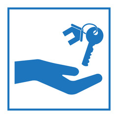 Hand and house key. Blue icon. Vector illustration