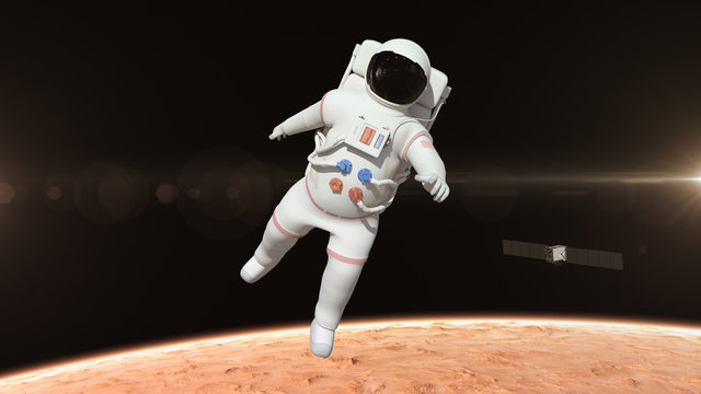Astronaut is flying over the planet Mars. Astronaut pushing the boundaries of exploration.