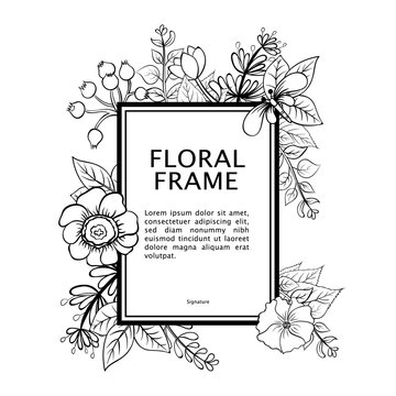 Vector illustrations with spring elements. Frame of garden flowers. Vector rectangle frame, black and white wreath of flowers. Vintage elegant wedding invitation. Plants and herbs