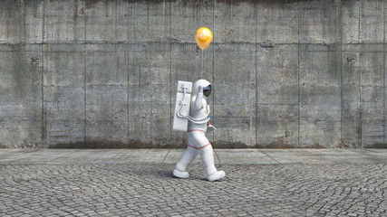 Astronaut walking in the city with a helium balloon. Bizarre scene from the city. © Yucel Yilmaz