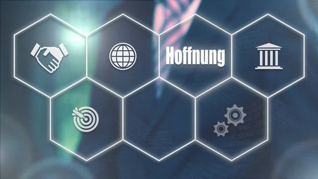 A businessman pressing a Hope "Hoffnung" button in German on a futuristic computer  display