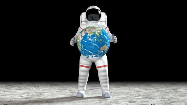 Astronaut holding the orbiting earth with his hands on the moon or alien planet surface.