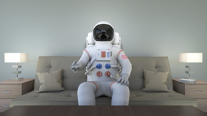 An astronaut watching tv and changing channels. Bizarre scene.
