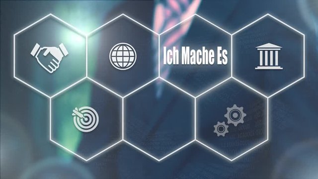 A businessman pressing a I Do It "Ich Mache Es" button in German on a futuristic computer  display