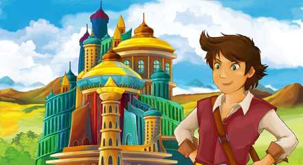 cartoon scene with prince near beautiful castle - illustration for children