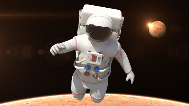 Astronaut is flying over the planet Mars. Astronaut pushing the boundaries of exploration.