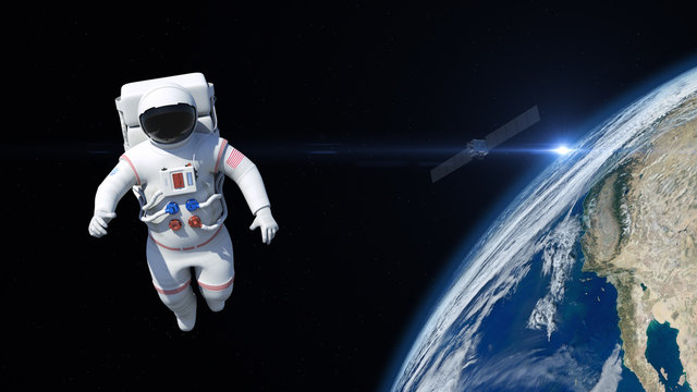Astronaut is flying over the planet Earth. Astronaut pushing the boundaries of exploration.