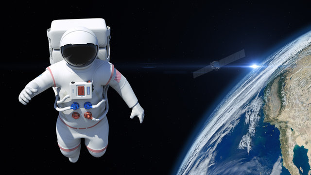 Astronaut is flying over the planet Earth. Astronaut pushing the boundaries of exploration.