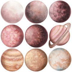 Set of Watercolor Red Planets and Moons © Nebula Cordata