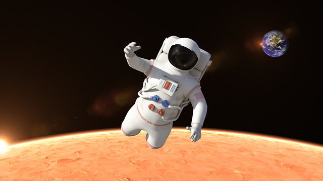 Astronaut is flying over the planet Mars and slowly closing. Astronaut pushing the boundaries of exploration.