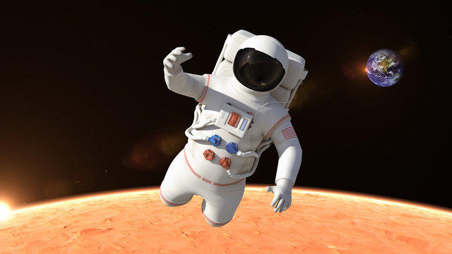 Astronaut is flying over the planet Mars and slowly closing. Astronaut pushing the boundaries of exploration.