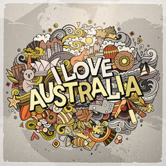 Fototapeta na wymiar Cartoon cute doodles hand drawn I Love Australia inscription