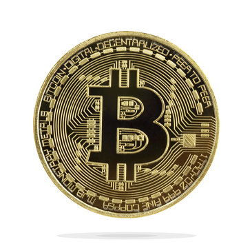 Digital currency. Cryptocurrency. Golden coin with bitcoin symbol isolated on white background.