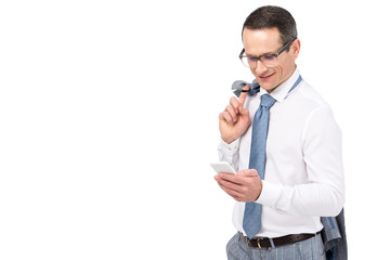 smiling adult businessman using smartphone isolated on white