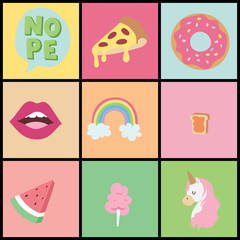 Hipster patches elements hand drawn cute fashionable stickers doodle pop art sketch pins and comic badges vector ilustration.