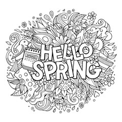 Cartoon cute doodles hand drawn Hello Spring illustration